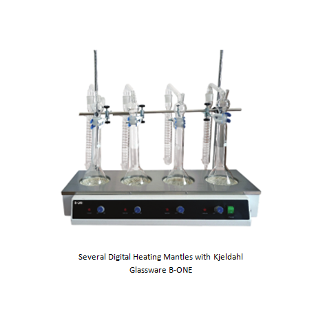 Several Digital Heating Mantles with Kjeldahl Glassware B-ONE